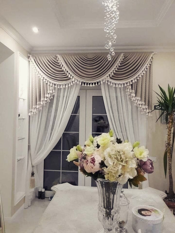 2 panel shafoon curtains 2 tussels and velvet  pelmet